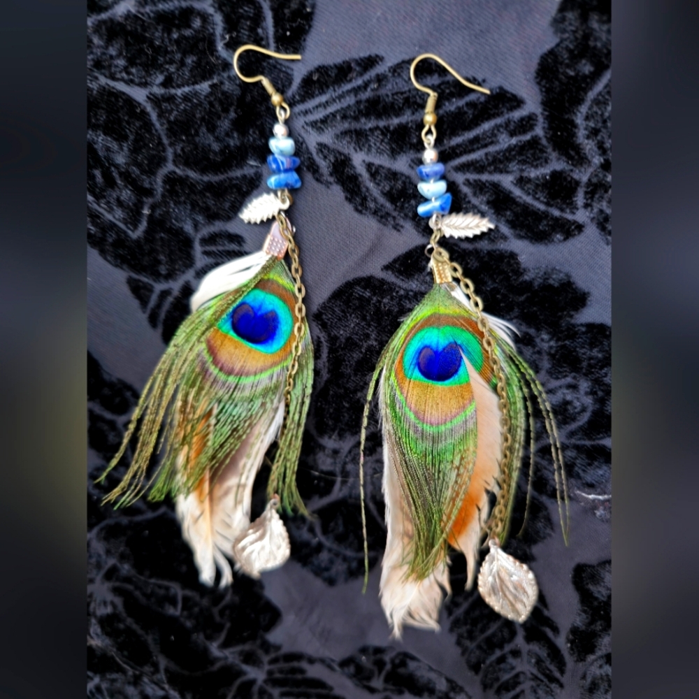 Peacock Feather Earrings Leaf Charms Handcrafted Jewelery Boho Native American